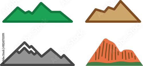 Set of Four Stylized Mountain Icons, Colorful Nature Landscape Hill Symbols, Alpine Desert Outdoor Travel Vector Graphic Clipart Collection