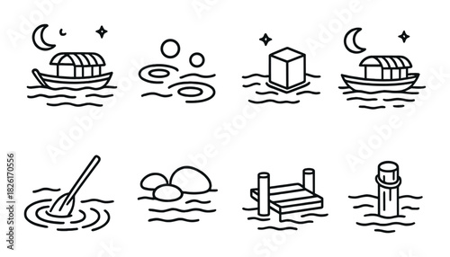 Minimalist nautical line art with boats and oceanic elements