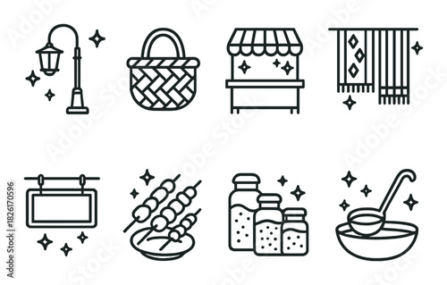 Vintage market icons: lamp, basket, booth, carpet, skewers, jars, ladle