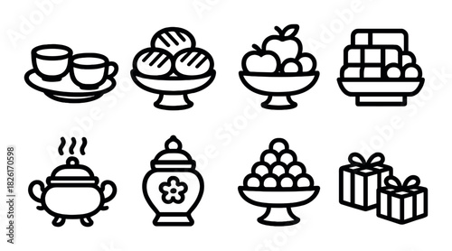 Minimalistic food and gift icons on dark background