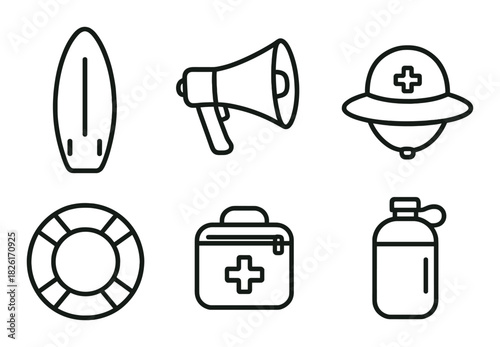 Set of rescue icons: surfboard, megaphone, helmet, lifebuoy, first aid kit, water bottle