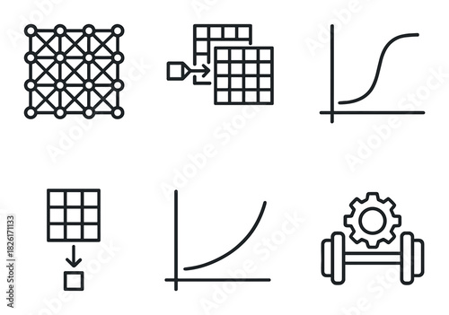 Machine learning icons: neural network, matrix, graph, activation function, gear