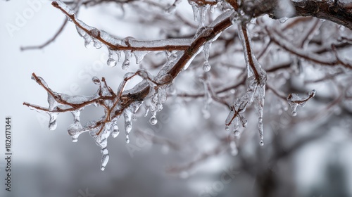 Close up of tree branches covered in ice and icicles in winter image