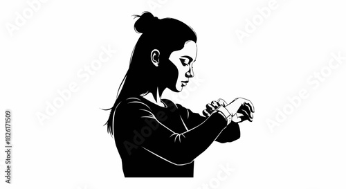 Woman Concentrating on Wristwatch in Black and White Silhouette.