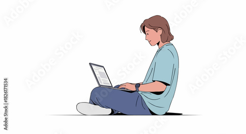 Woman Focused on Laptop, Sitting on Floor.