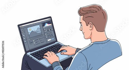 Young man working on a laptop computer illustration.