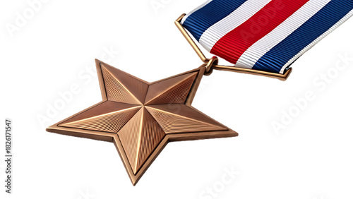 Prestigious bronze star military medal with ribbon, isolated transparent, high-resolution metallic texture, sharp edges ideal for background removal, premium Veterans Day award concept