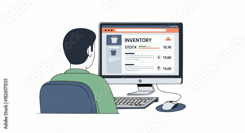 Man working on computer managing inventory stock online.