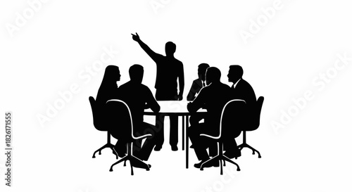 Silhouette of a business meeting with a leader addressing a group.