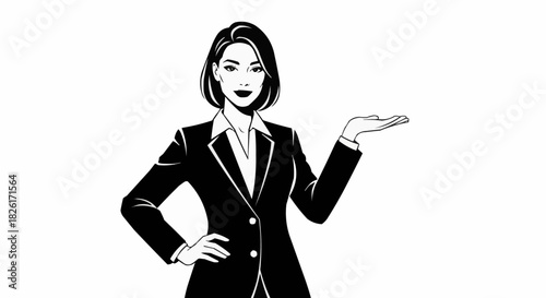 Elegant businesswoman in a suit presenting something with her hand.