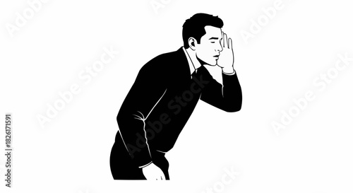 Man peering intently with hand cupped to ear, listening or searching.