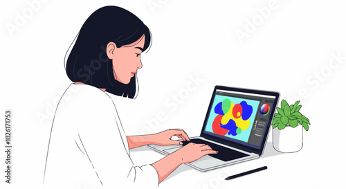 Woman Designing on Laptop with Abstract Art, Focused and Creative.