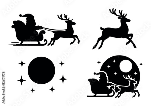 Silhouettes of santa and reindeer with night sky elements