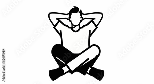 Man sitting cross legged with hands behind head relaxed pose.