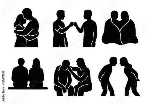 Silhouette illustrations of human interactions in various scenarios