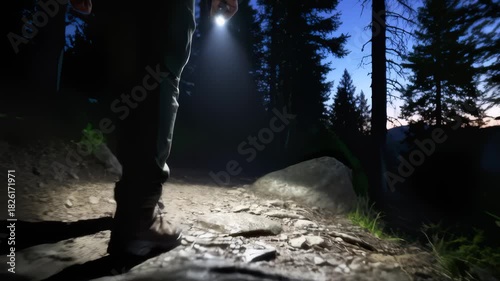 Person Hiking Through Forest at Night Using Flashlight for Light