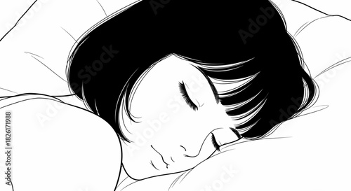 A black and white anime-style animation of a person with short dark hair sleeping peacefully on a pillow.