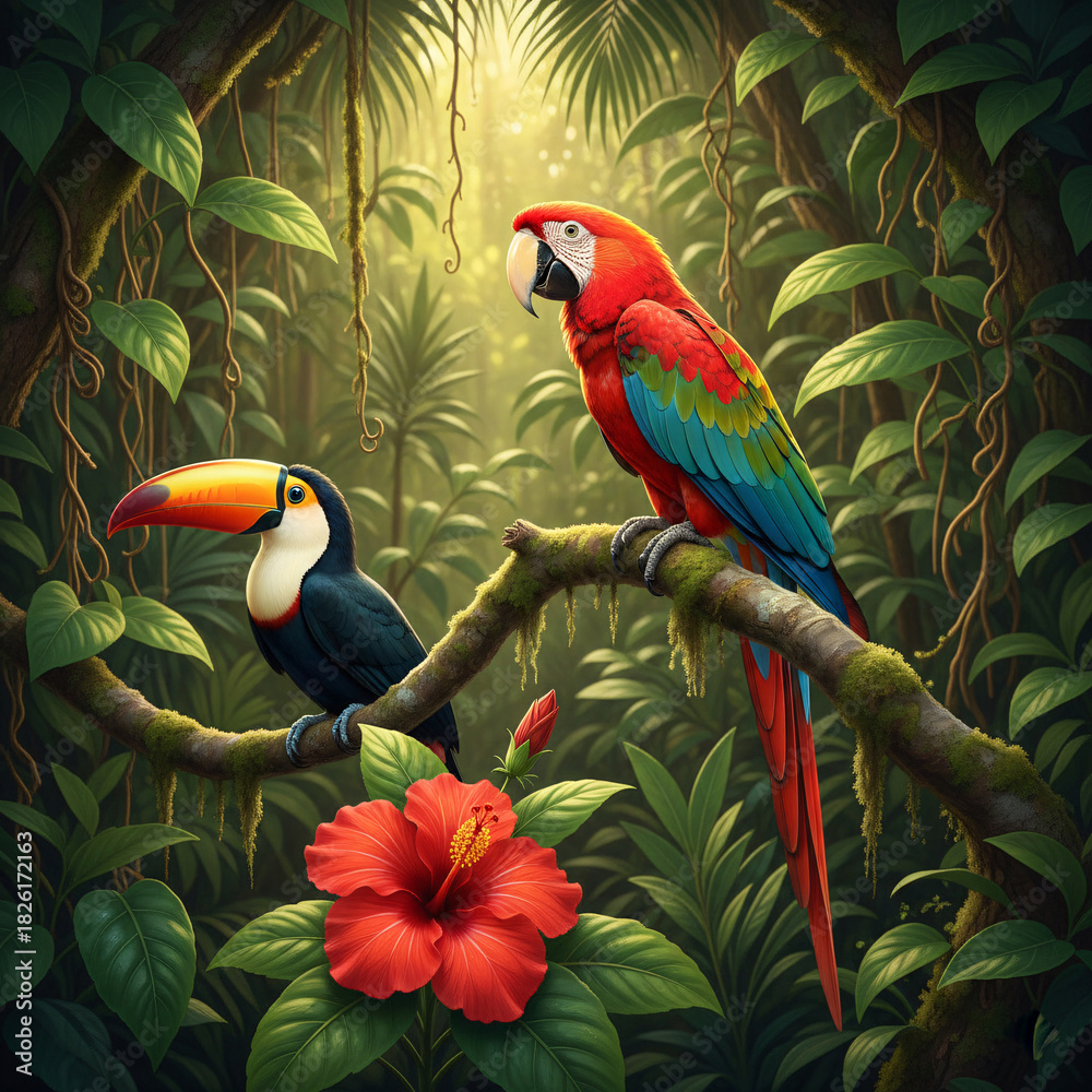 Fototapeta premium Vibrant Red-and-green Macaw and Toco Toucan perched together on a tree branch in lush tropical rainforest. Exotic wild bird couple in green jungle nature background.