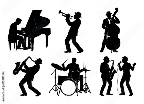 Silhouetted jazz band: musicians playing piano, trumpet, double bass, saxophone, drums, and singing