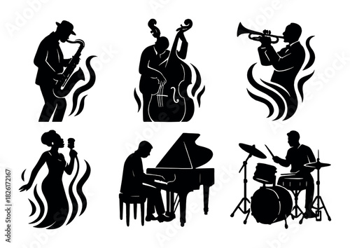 Jazz band silhouettes with instruments and singer on brown background