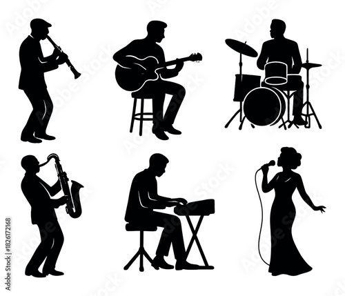 Silhouette band with instruments: saxophone, guitar, drums, piano, microphone