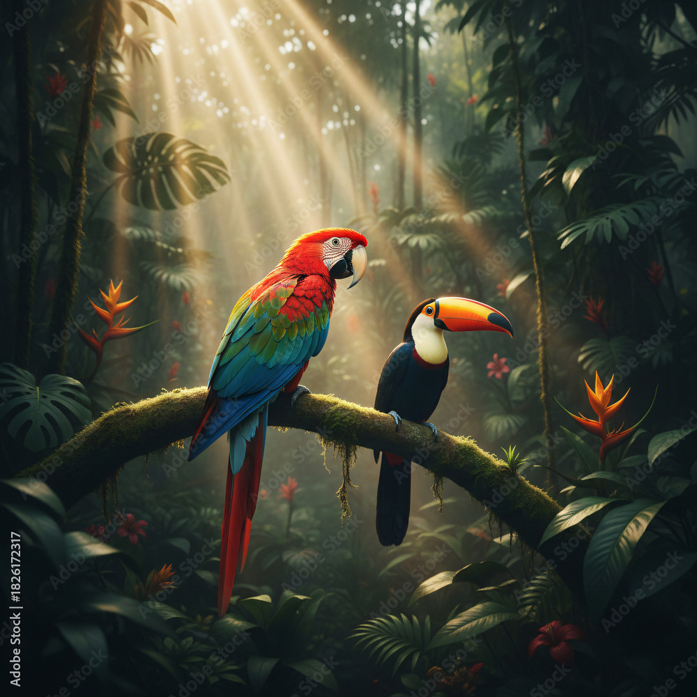 Naklejka premium Vibrant Red-and-green Macaw and Toco Toucan perched together on a tree branch in lush tropical rainforest. Exotic wild bird couple in green jungle nature background.