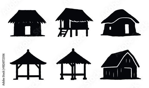 Silhouette collection of traditional huts: rustic architecture designs