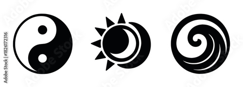 Abstract yin yang sun moon spiral symbols on dark background