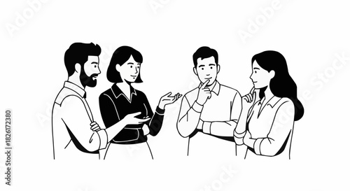 Group of four people discussing and brainstorming ideas together.