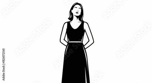 Minimalist black and white illustration of a woman in a long dress.