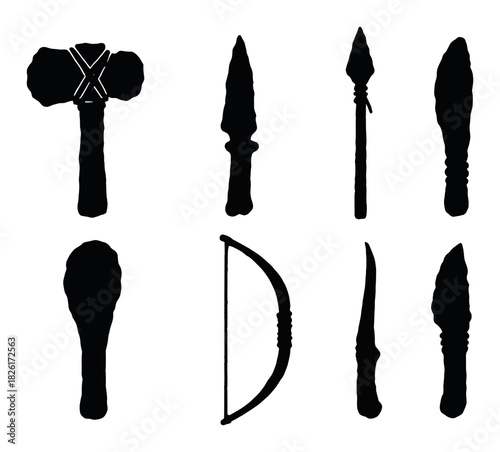 Silhouettes of primitive weapons: hammer, spear, arrow, bow, knife, stone age tools