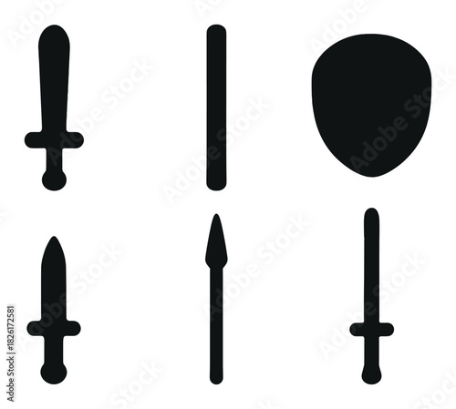 Silhouette of medieval weapons and shield on neutral background