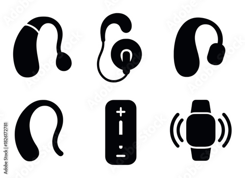 Silhouette of various hearing aids and assistive listening devices