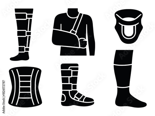 Orthopedic support devices: arm sling, leg braces, cervical collar, corset, walking boot