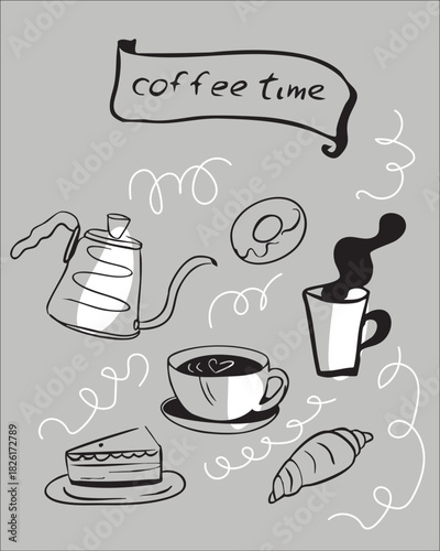 Poster for a coffee shop with a flat design. A cup of cappuccino, a croissant, and a cake on the grey background.