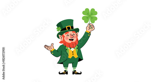 A cheerful cartoon leprechaun, dressed in vibrant green, proudly presents a lucky four-leaf clover, embodying Irish tradition and festive St. Patrick's Day spirit