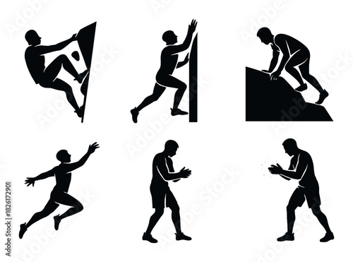 Silhouette of male climbers engaged in dynamic climbing poses