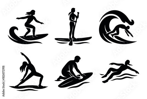 Silhouette water sports collection: surfing, paddling, yoga, swimming, surfboard