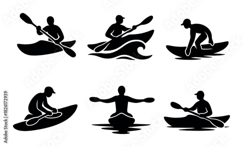 Silhouettes of kayakers in various action poses on water