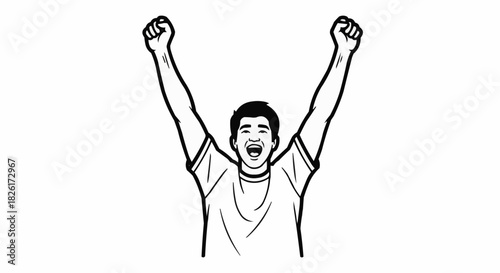 Joyful man with raised hands celebrating success line drawing.