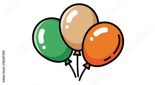 Colorful bunch of three party balloons illustration for festive celebrations and events. A simple flat design icon with green, orange, and beige colors on a white background