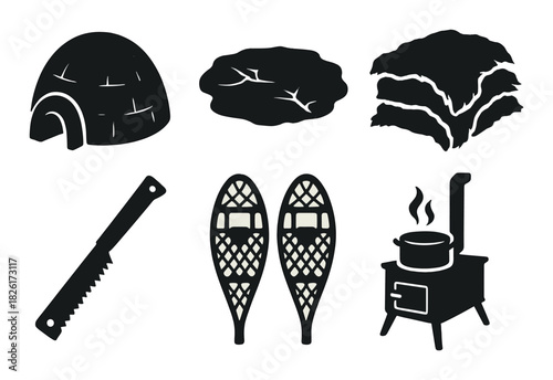 Silhouette icons: igloo, iceberg, leaves, saw, snowshoes, stove