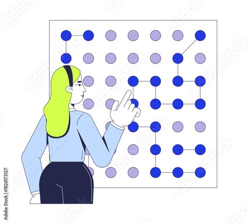 Data algorithms 2D illustration concept. Pattern recognition. Problem-solving logic. Data scientist analyzing node connections cartoon character isolated on white. Flat abstract vector metaphor