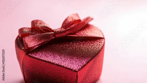 Red glitter heart-shaped gift box with bow on pink background