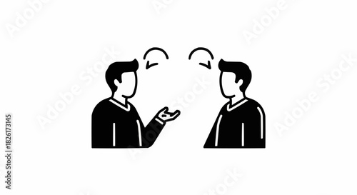 Simple black and white icon of two people communicating.