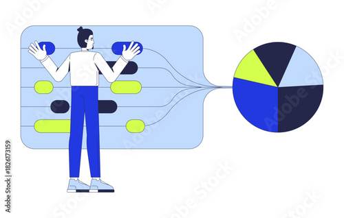 Sorting big data visualization 2D illustration concept. Categorizing process. Pie chart analysis. Analytics workflow. Statistician cartoon character isolated on white. Flat abstract vector metaphor