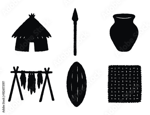 Silhouettes of ancient tribal artifacts including hut, spear, and pottery