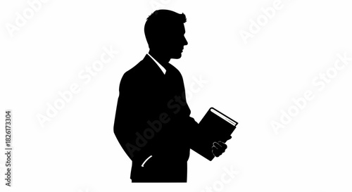 Silhouette of a man in a suit holding a book.