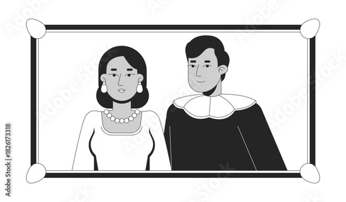 Noble couple in vintage framed portrait 2D line characters. Baroque influence. Period fashion. Historical vibe nobleman noblewoman isolated vector ink outline people. Monochromatic spot illustration