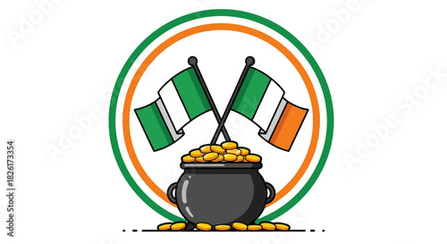An emblem showing the national flags of Ireland and Nigeria crossed in a pot of gold, representing cultural unity and prosperity